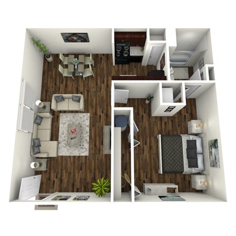 Floor plan for 1 bed, 1 bath, 684 sqft