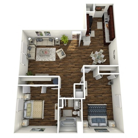 Floor plan for 2 beds, 1 bath, 932 sqft