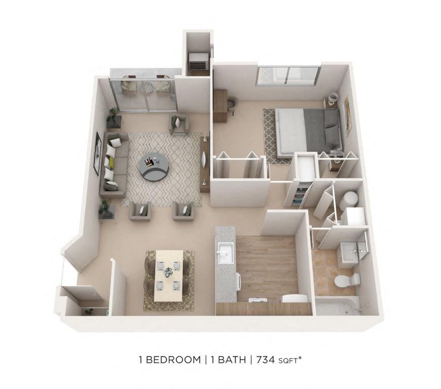 Floor plan for 1 bed, 1 bath, 805 sqft