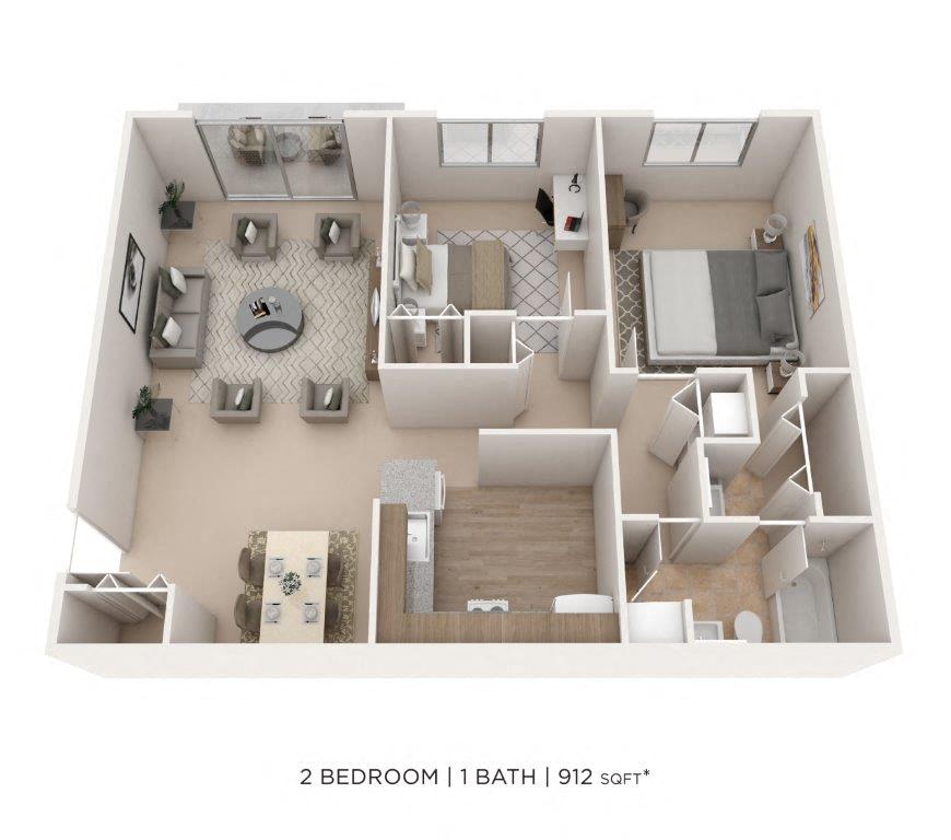 Floor plan for 2 beds, 1 bath, 978 sqft