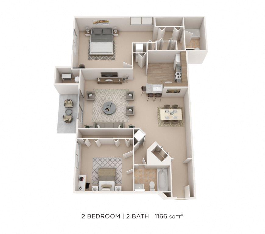 Floor plan for 2 beds, 2 baths, 1166 sqft