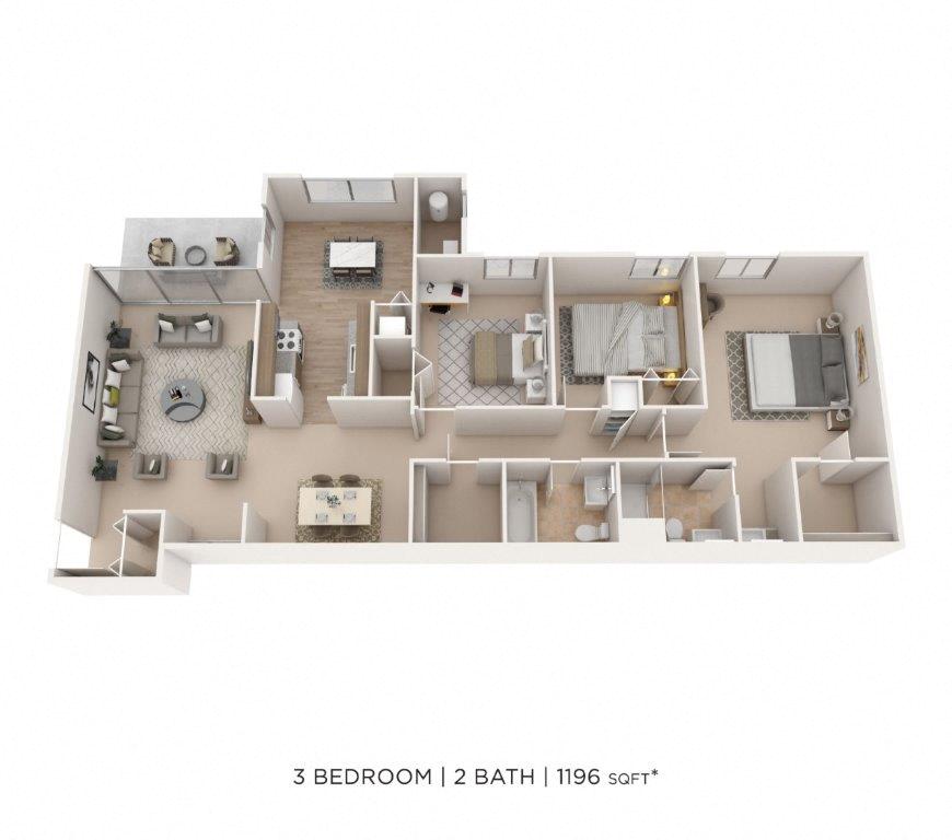 Floor plan for 3 beds, 2 baths, 1300 sqft