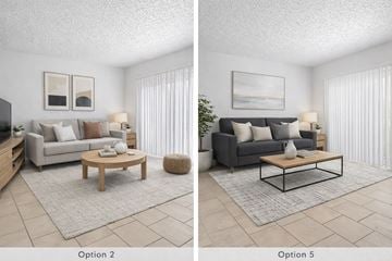 Kenneth City apartment for rent - Two images of a living room with different couch and coffee table arrangements.