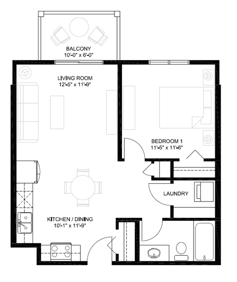Floor plan for 1 bed, 1 bath, 621 sqft