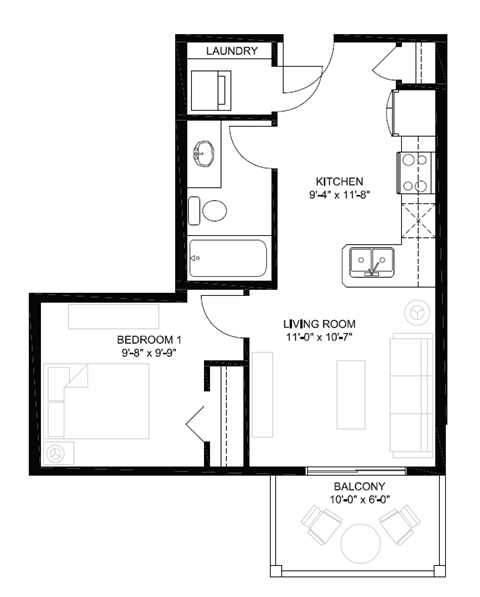 Floor plan for 1 bed, 1 bath, 490 sqft