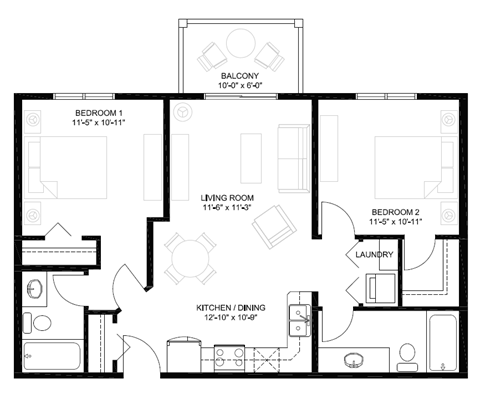 Floor plan for 2 beds, 2 baths, 828 sqft