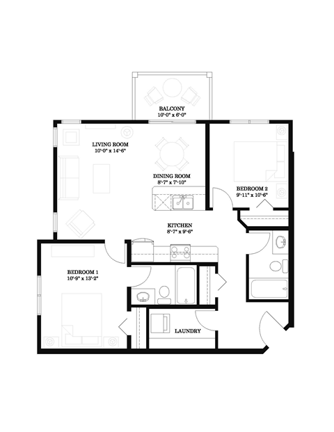 Floor plan for 2 beds, 2 baths, 888 sqft