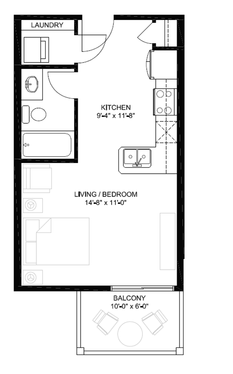 Floor plan for studio, 1 bath, 399 sqft