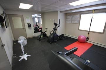 Red Deer apartment for rent - A gym room with a rowing machine, a fan, a pink ball, and a red mat.
