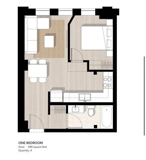 Floor plan for 1 bed, 1 bath, 528 sqft