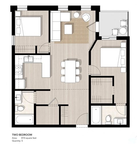 Floor plan for 2 beds, 2 baths, 808 sqft