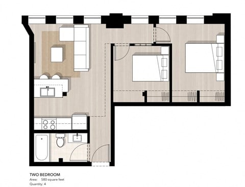 Floor plan for 2 beds, 1 bath, 667 sqft