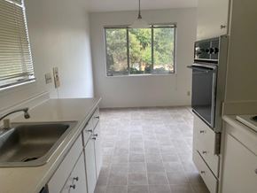 Berkeley apartment for rent - A kitchen with a sink, stove, and a window.