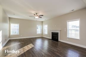 Willow Spring house for rent - A spacious living room with wood flooring and a fireplace.