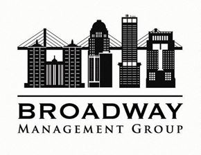 Louisville apartment for rent - A black and white image of a city skyline with the words "Broadway Management Group" written below it.