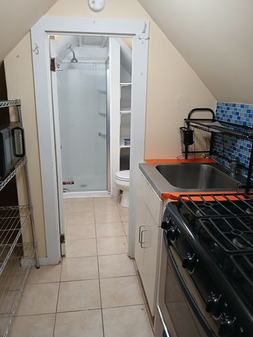 Louisville apartment for rent - A kitchen with a stove top oven and a microwave.