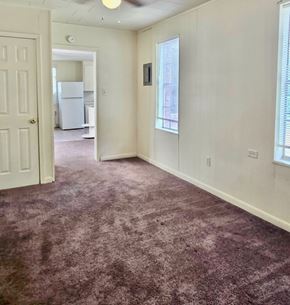 Hattiesburg apartment for rent - A room with a carpeted floor and a ceiling fan.