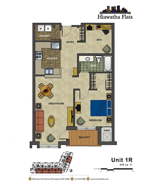 Floor plan for 1 bed, 1 bath, 858 sqft
