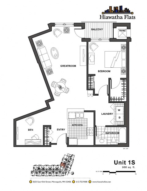 Floor plan for 1 bed, 1 bath, 966 sqft