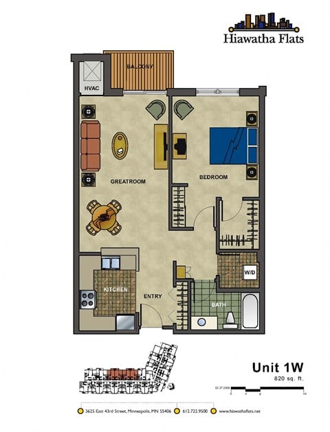 Floor plan for 1 bed, 1 bath, 820 sqft