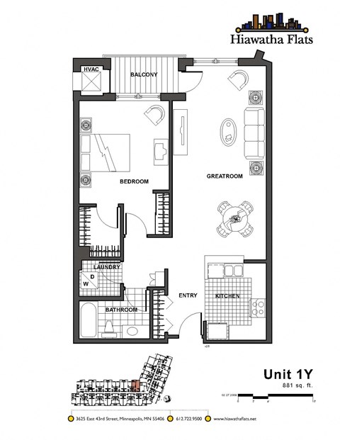 Floor plan for 1 bed, 1 bath, 881 sqft