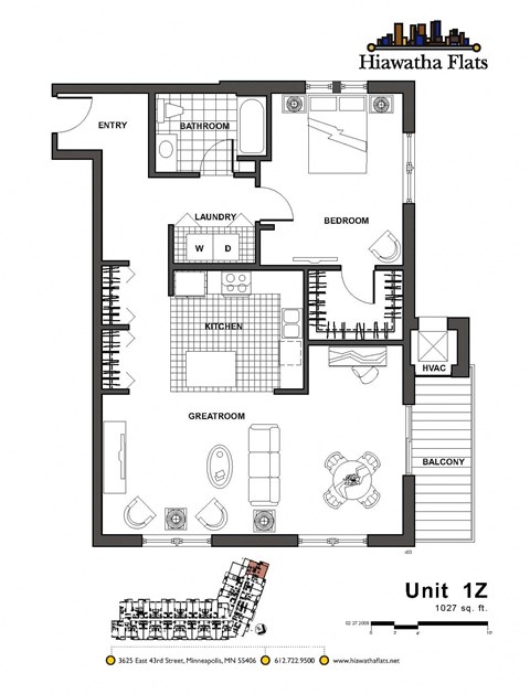 Floor plan for 1 bed, 1 bath, 1025 sqft