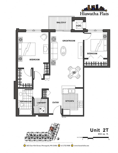 Floor plan for 2 beds, 1 bath, 954 sqft