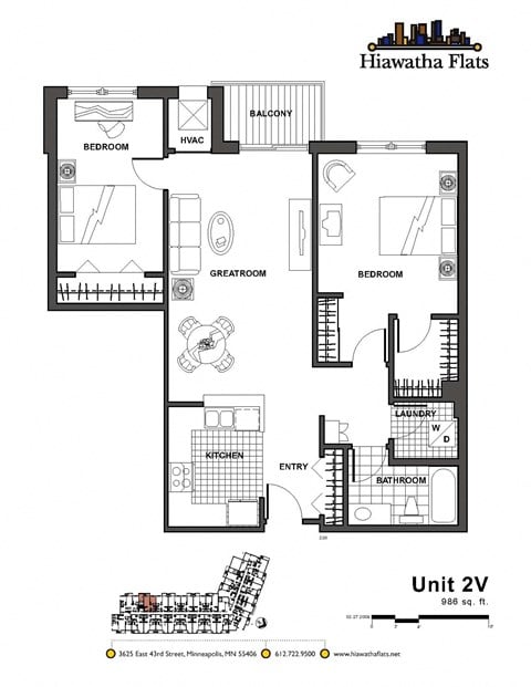 Floor plan for 2 beds, 1 bath, 986 sqft