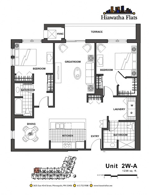 Floor plan for 2 beds, 2 baths, 1240 sqft