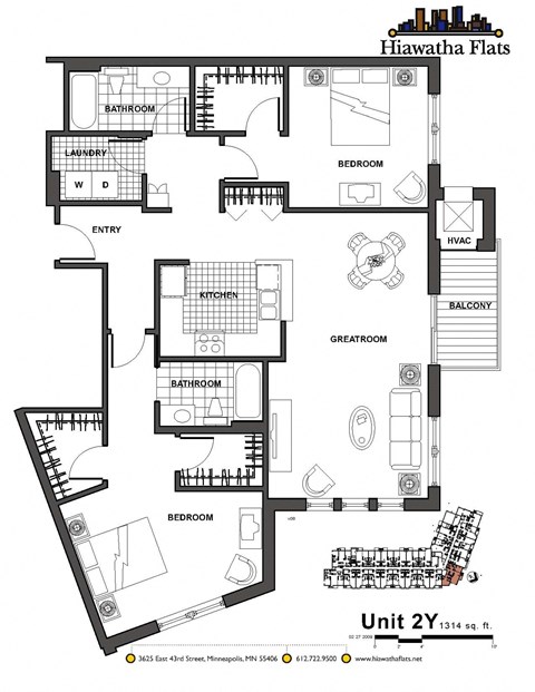 Floor plan for 2 beds, 2 baths, 1314 sqft