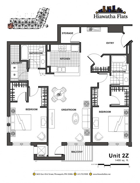 Floor plan for 2 beds, 2 baths, 1405 sqft