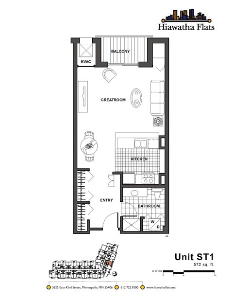 Floor plan for studio, 1 bath, 575 sqft
