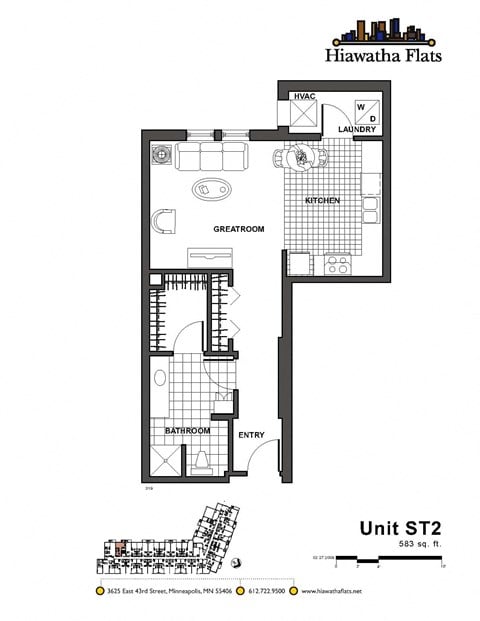 Floor plan for studio, 1 bath, 569 sqft