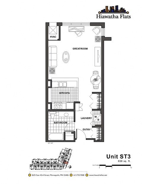 Floor plan for studio, 1 bath, 636 sqft
