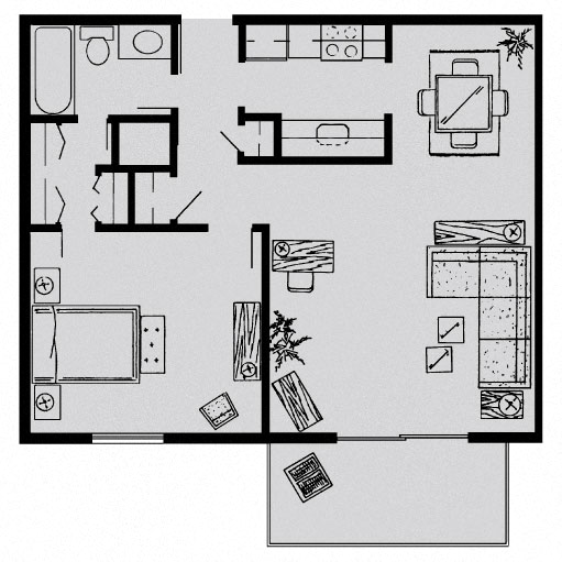 Floor plan for 1 bed, 1 bath, 664 sqft