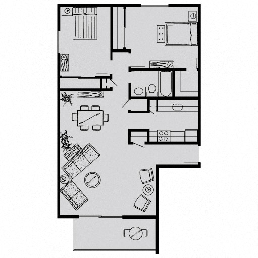 Floor plan for 2 beds, 1 bath, 901 sqft