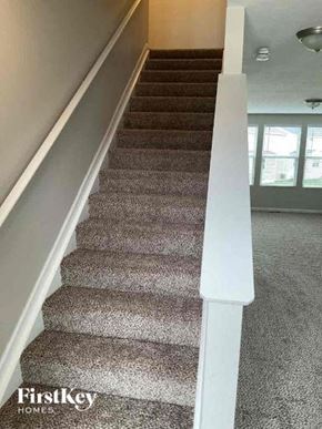 Blacklick house for rent - a carpeted staircase with a white railing and a carpet floor