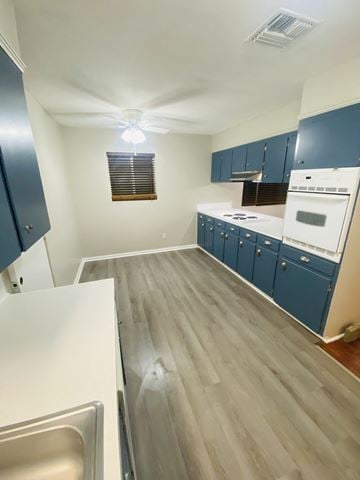 Lafayette house for rent - a kitchen with blue cabinets and white appliances and wood flooring