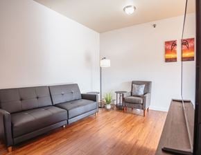 Watford City apartment for rent - A black leather sofa sits in a room with a grey armchair and a small table with a plant on it.