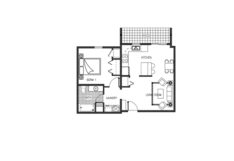 Floor plan for 1 bed, 1 bath, 626 sqft