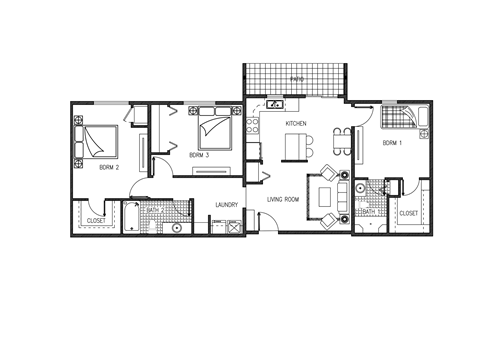 Floor plan for 3 beds, 2 baths, 1182 sqft