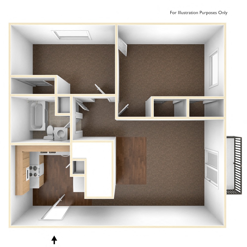 Floor plan for 2 beds, 1 bath, 835 sqft