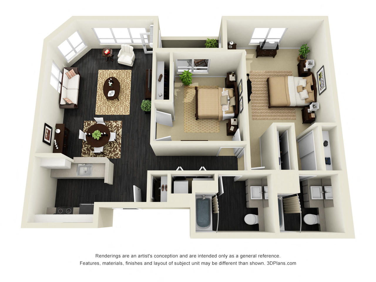 Floor plan for 2 beds, 2 baths, 1060 sqft