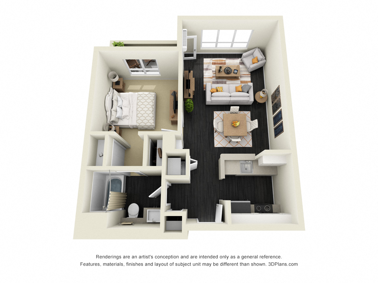 Floor plan for 1 bed, 1 bath, 670 sqft