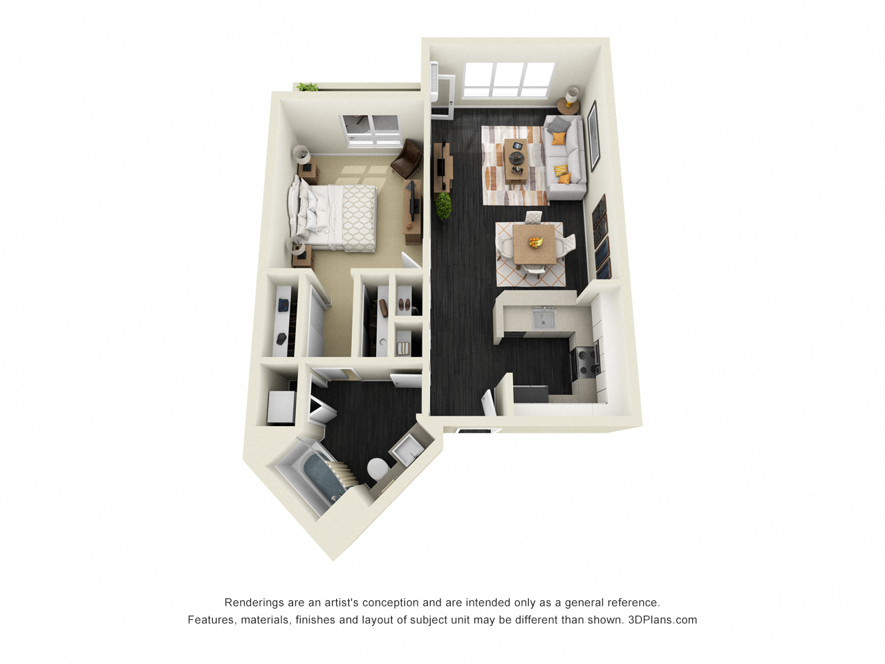 Floor plan for 1 bed, 1 bath, 776 sqft