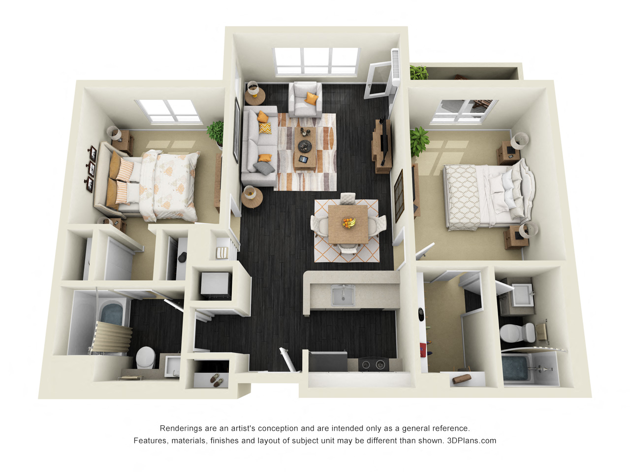 Floor plan for 2 beds, 2 baths, 989 sqft