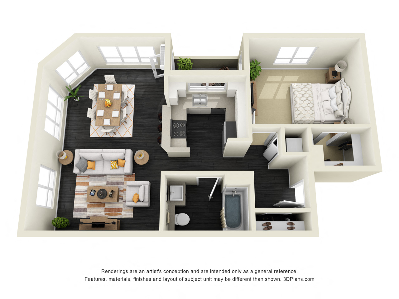 Floor plan for 1 bed, 1 bath, 822 sqft