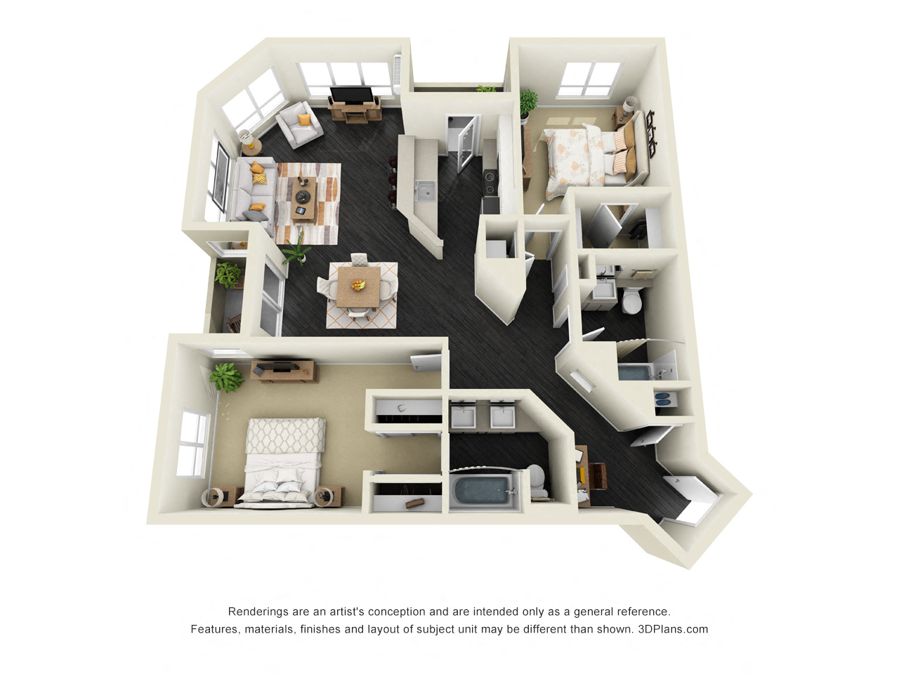 Floor plan for 2 beds, 2 baths, 1250 sqft