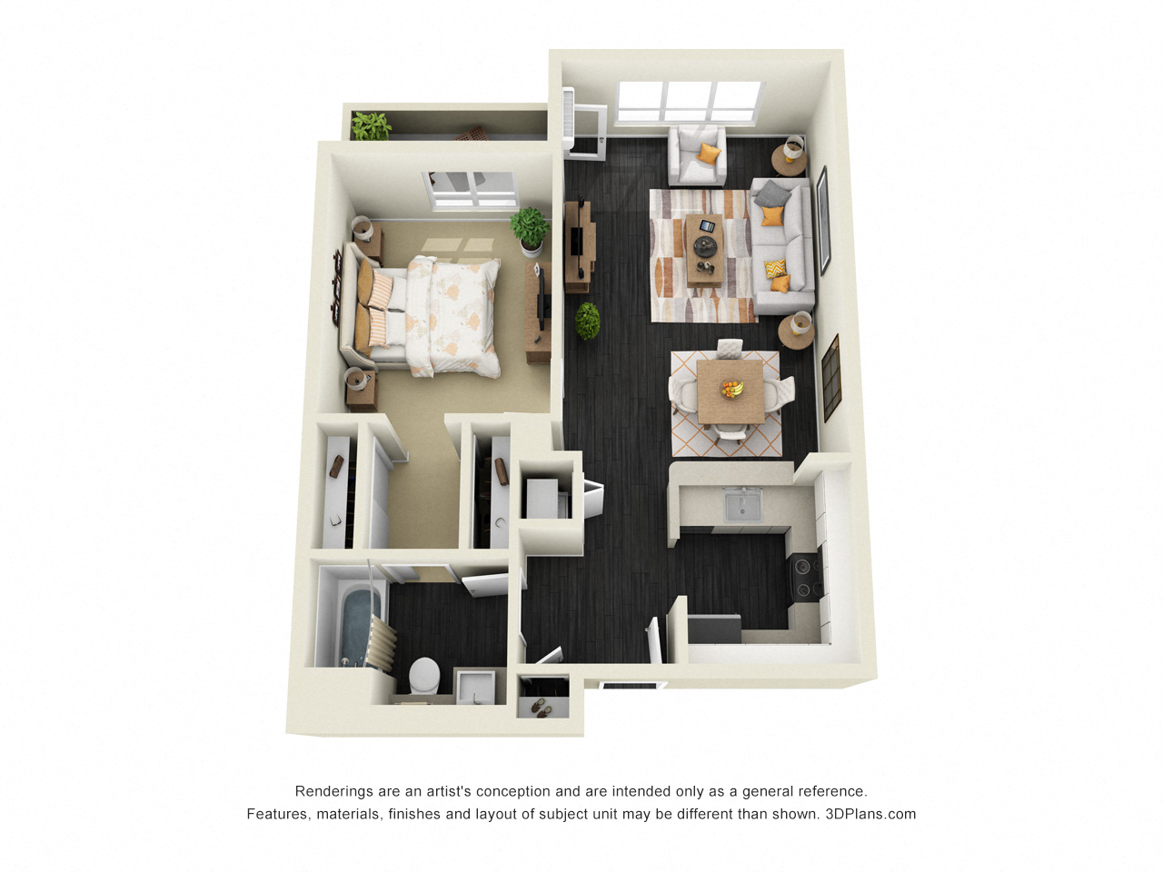 Floor plan for 1 bed, 1 bath, 755 sqft