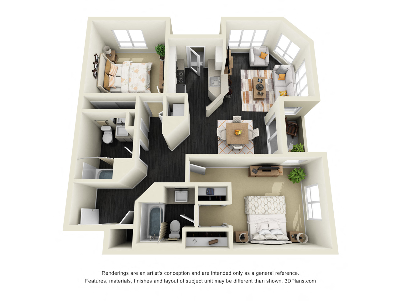 Floor plan for 2 beds, 2 baths, 1004 sqft